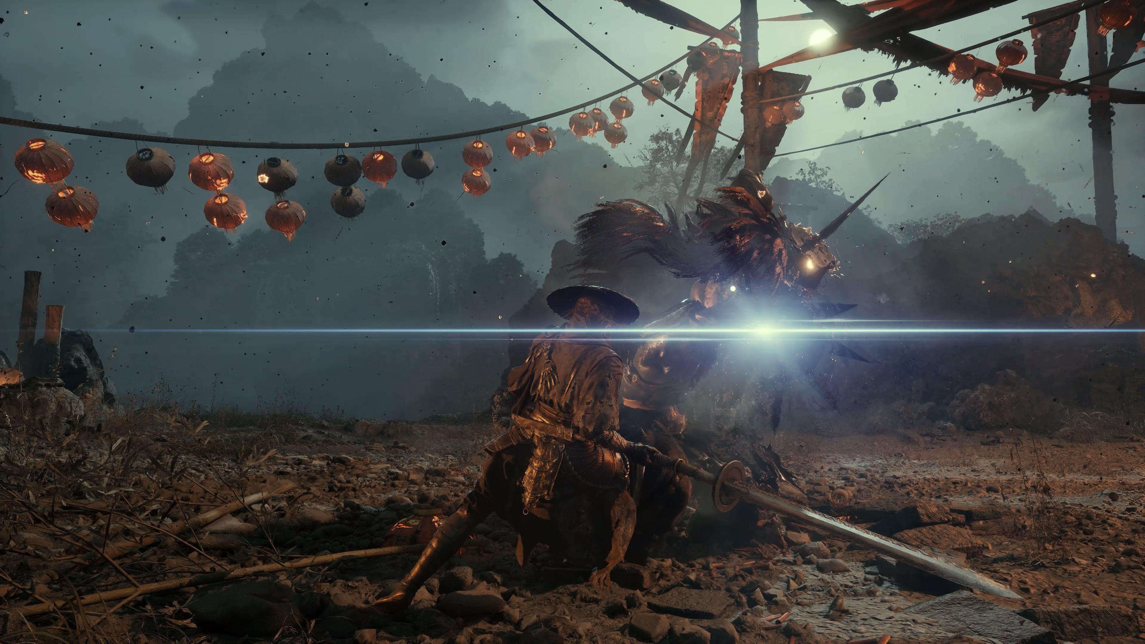 A straw-hatted spear fighter in a dark alley facing a horned beast, red glowing jars strung under the eaves above.