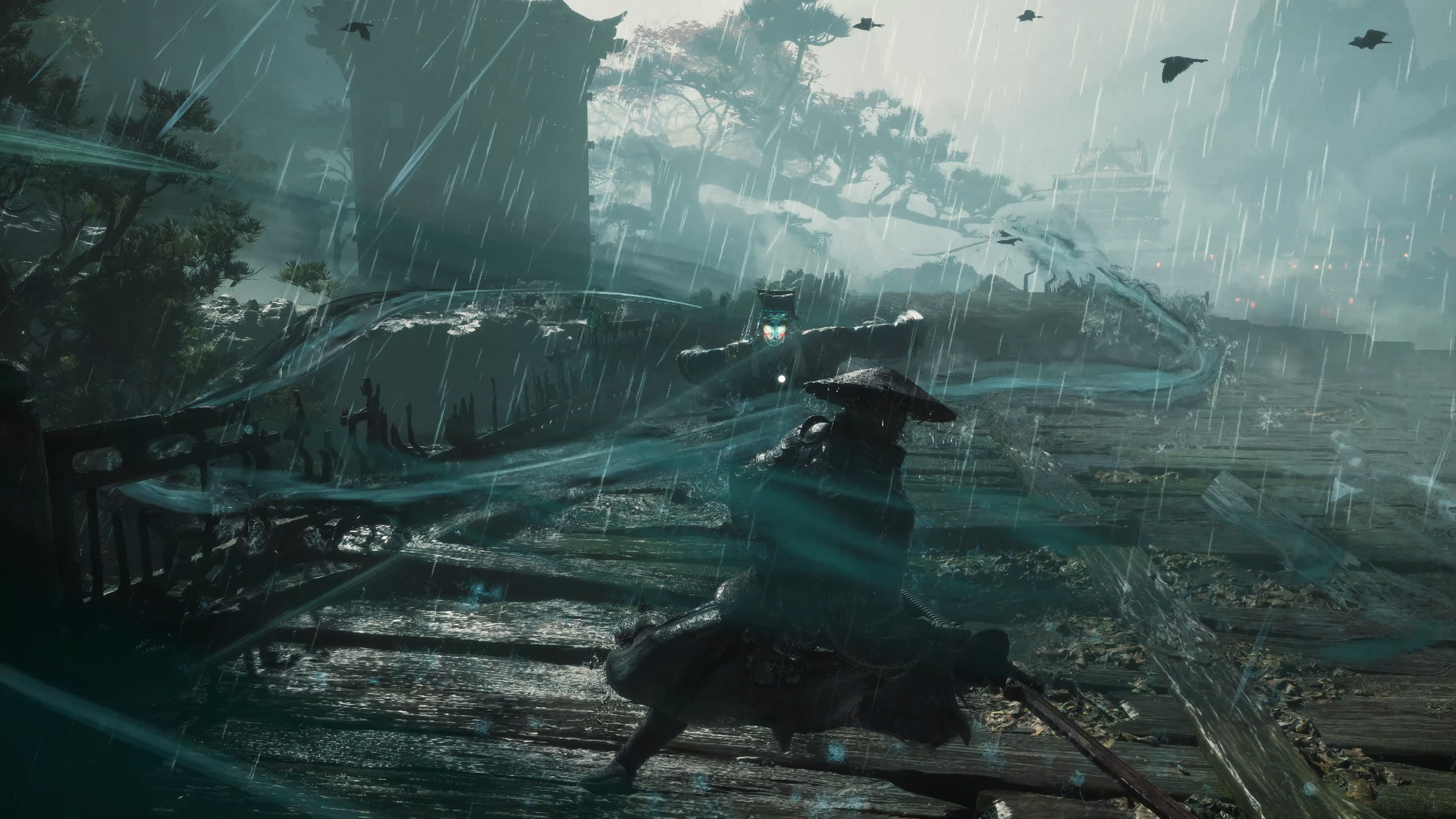 A straw-hatted swordsman crouched on a wet wooden bridge in heavy rain, a pale blue sword arc sweeping across the frame.